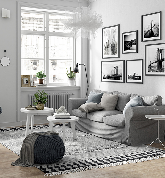 Thiết kế nội thất phòng khách phong cách Scandinavian với gam màu trắng và ghi ở căn hộ chung cư Hoàng Mai