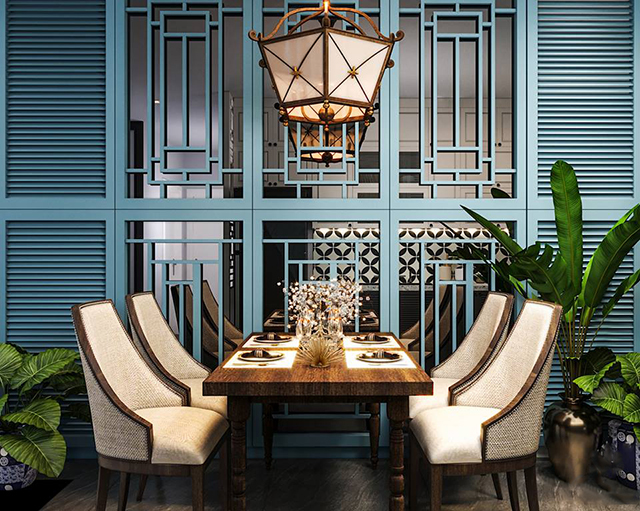 Thiết kế nội thất phòng khách theo phong cách Indochine ở căn hộ chung cư Hoàng Mai