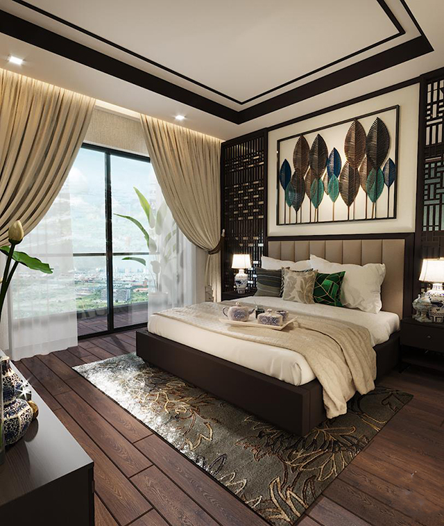 Thiết kế nội thất phòng ngủ theo phong cách Indochina ở nhà liền kề Nam An Khánh