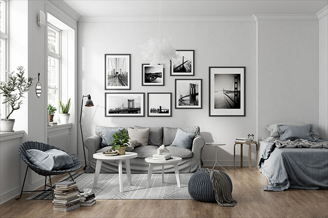 Thiết kế nội thất phòng khách phong cách Scandinavian với gam màu trắng và ghi ở căn hộ chung cư Hoàng Mai
