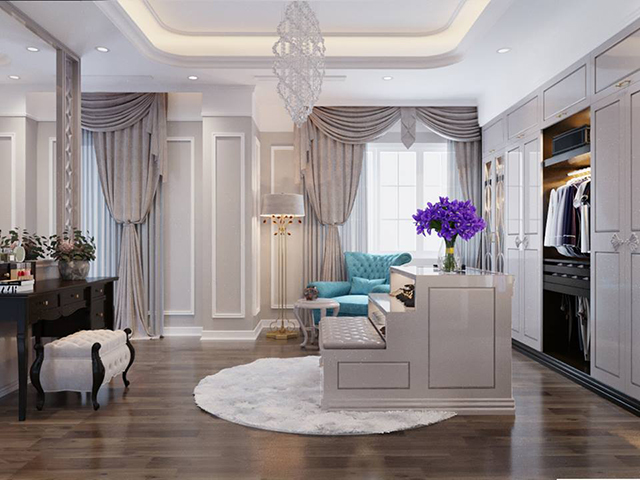 Thiết kế nội thất phòng ngủ tân cổ điển ở biệt thự Nam An Khánh cho gia chủ mệnh Thủy