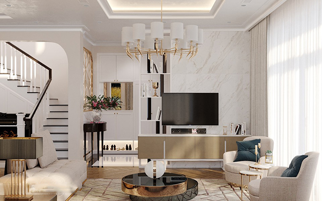Thiết kế nội thất phòng khách nhà liền kề ở Dương Nội với gam màu trắng và be chủ đạo