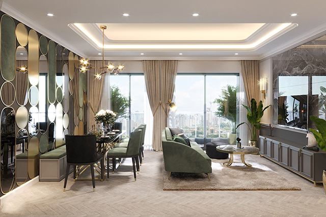 Thiết kế nội thất phòng khách sang trọng với gam màu xanh lá ở chung cư Gamuda