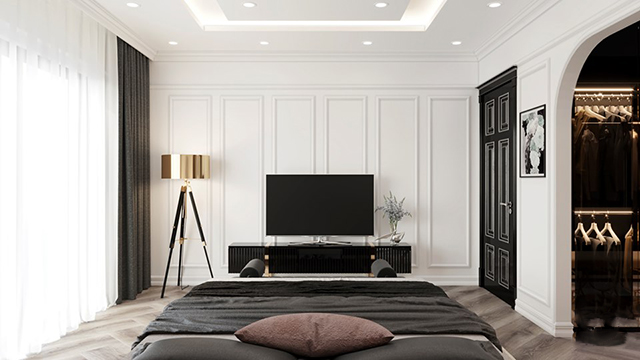 Thiết kế nội thất phòng ngủ hiện đại với gam màu trắng và đen chủ đạo ở Biệt thự Nam An Khánh