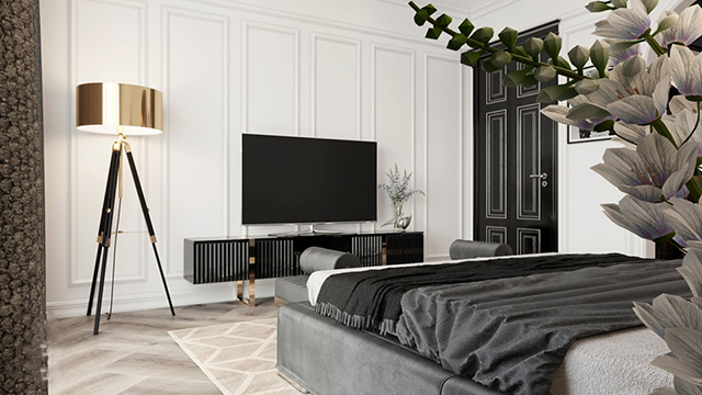 Thiết kế nội thất phòng ngủ hiện đại với gam màu trắng và đen chủ đạo ở Biệt thự Nam An Khánh