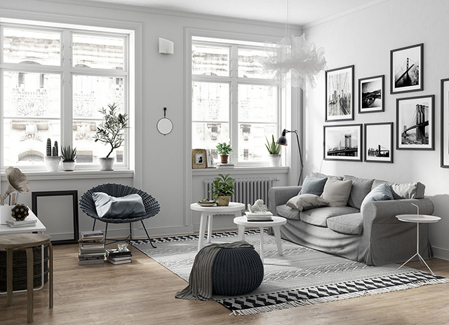 Thiết kế nội thất phòng khách phong cách Scandinavian với gam màu trắng và ghi ở căn hộ chung cư Hoàng Mai