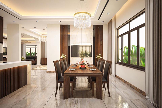 Thiết kế biệt thự 3 tầng ở Dương Nội với nội thất gỗ sang trọng, ấm cúng.